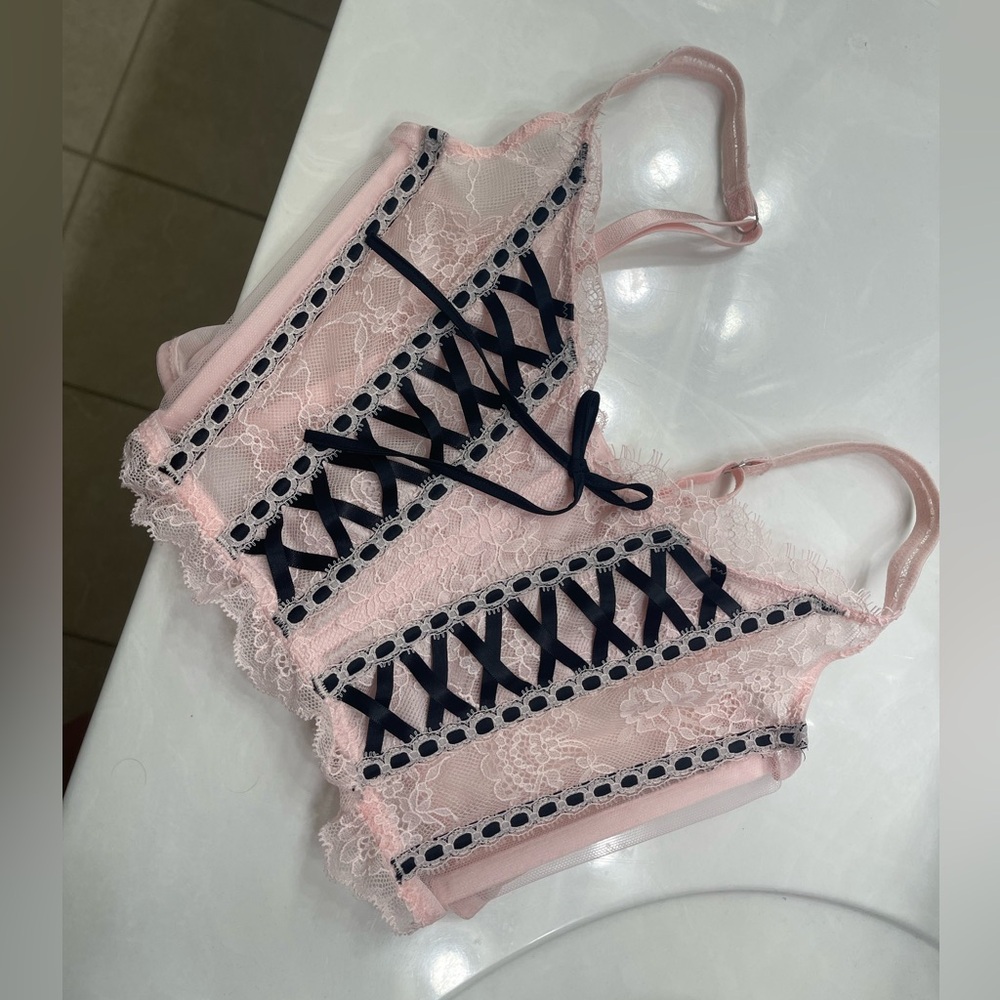 Victoria’s Secret Pink and Black Lace Corset Adjustable Top Size 34B